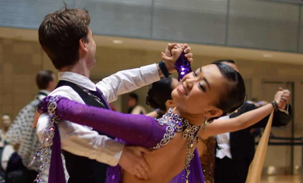 Two members of Columbia's Ballroom Dance club perform for a competition. 